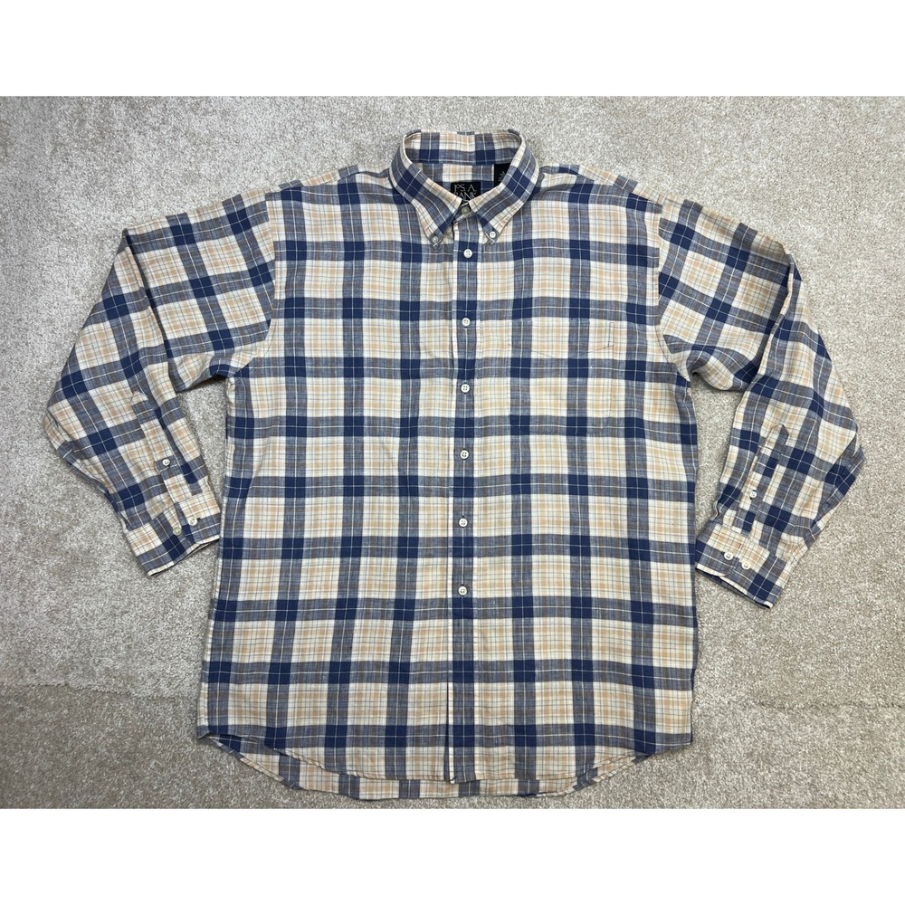 JOS A BANK 100% Linen Travelers Collection Mens Long Sleeve Plaid Button Down L